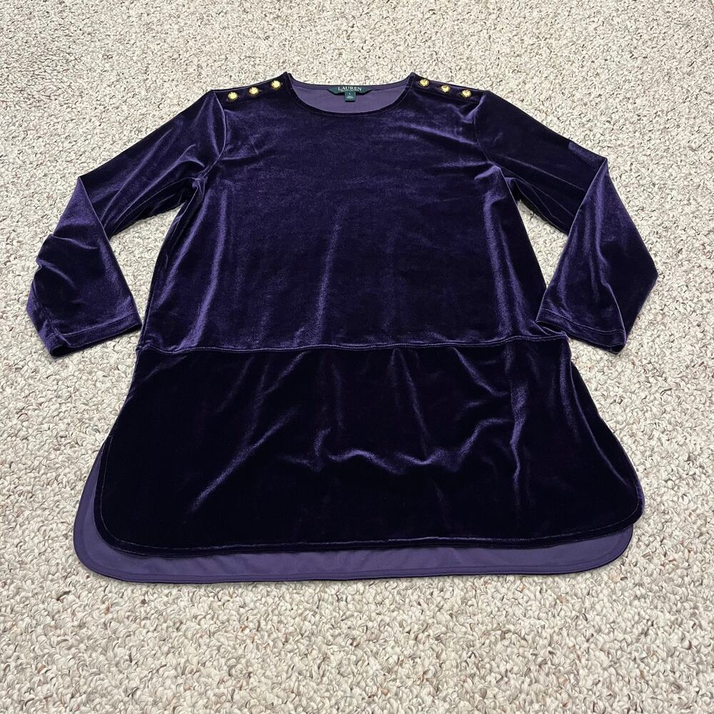 Lauren Ralph Lauren Purple Velvet Tunic Blouse L Gold Button Old Money Classic